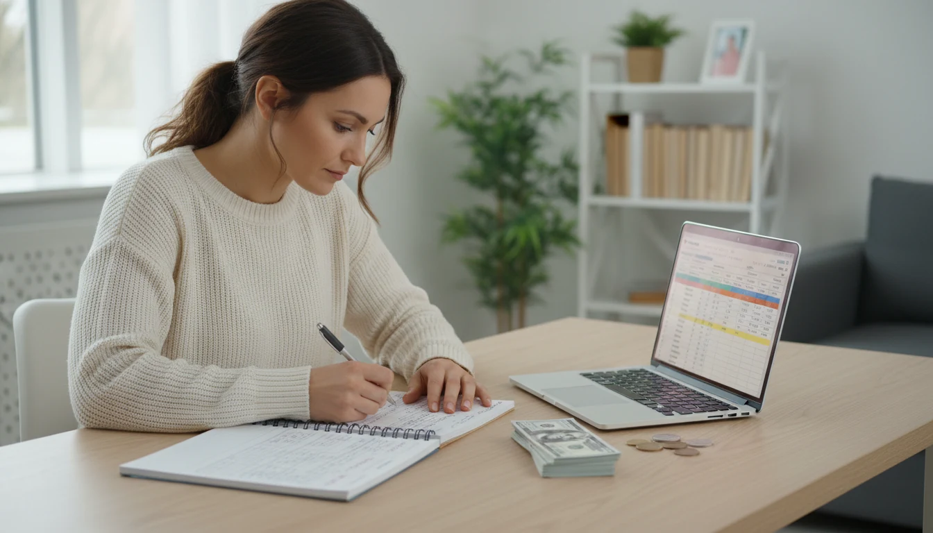 Woman organizing her betting budget with notebook and laptop