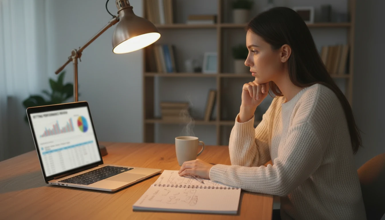 Woman reviewing her betting performance data on a laptop with a notebook nearby