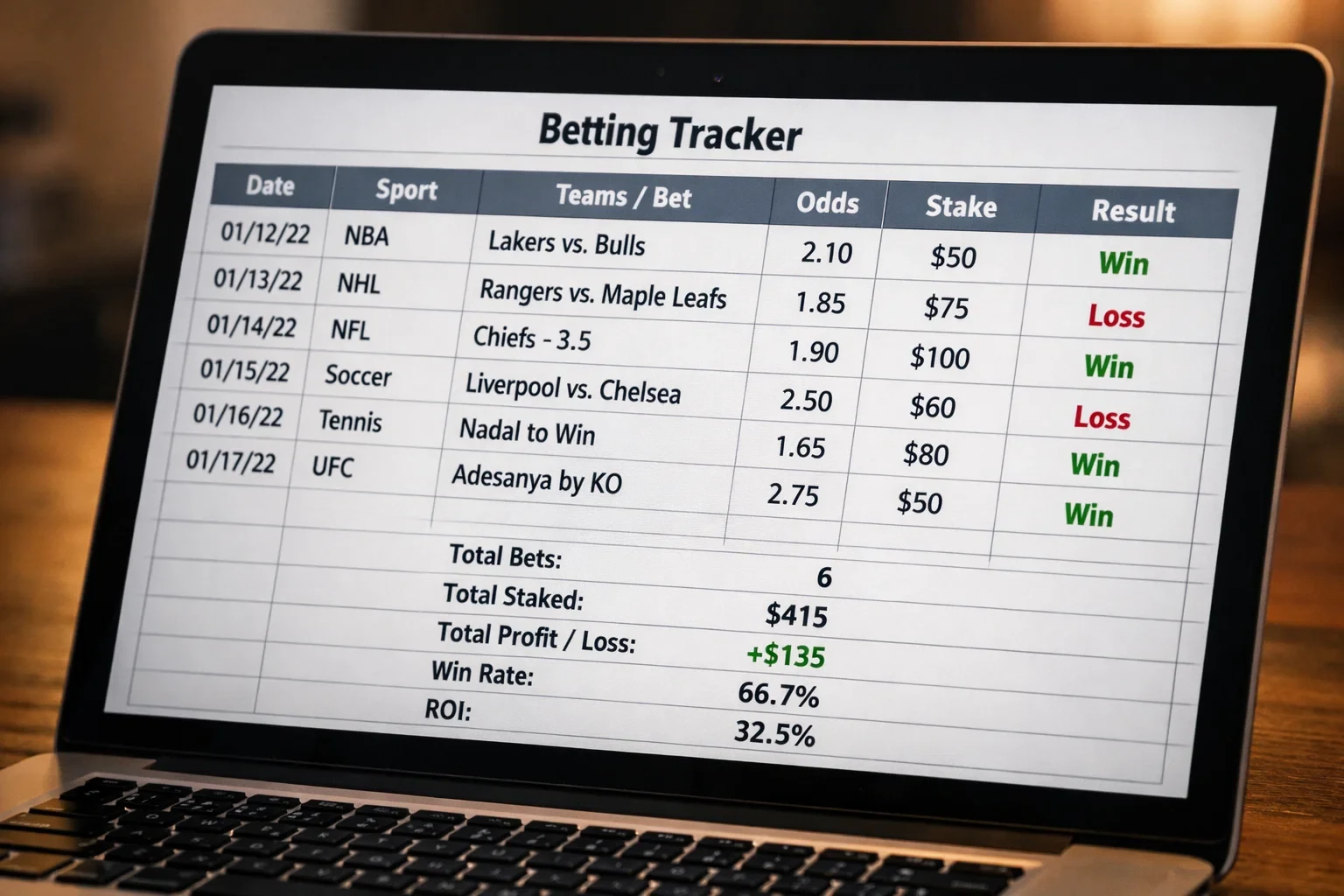 Close-up of a betting tracker spreadsheet with columns for date, sport, and results