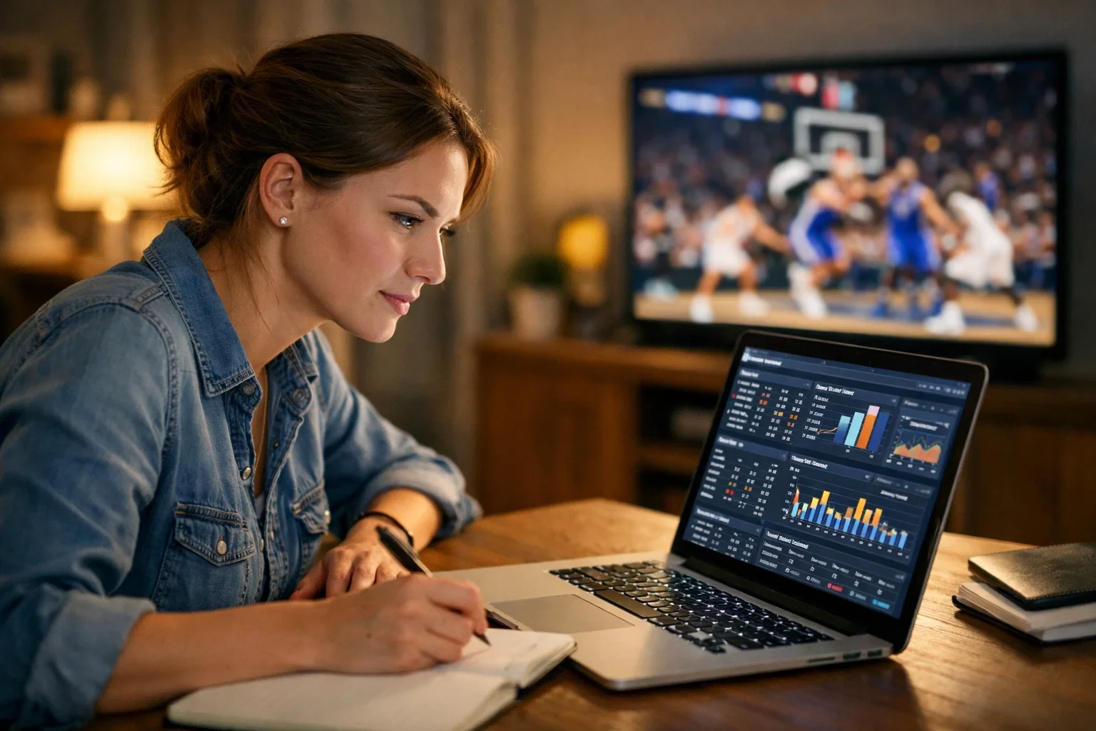 Woman analyzing basketball statistics on a laptop with game footage on TV in background