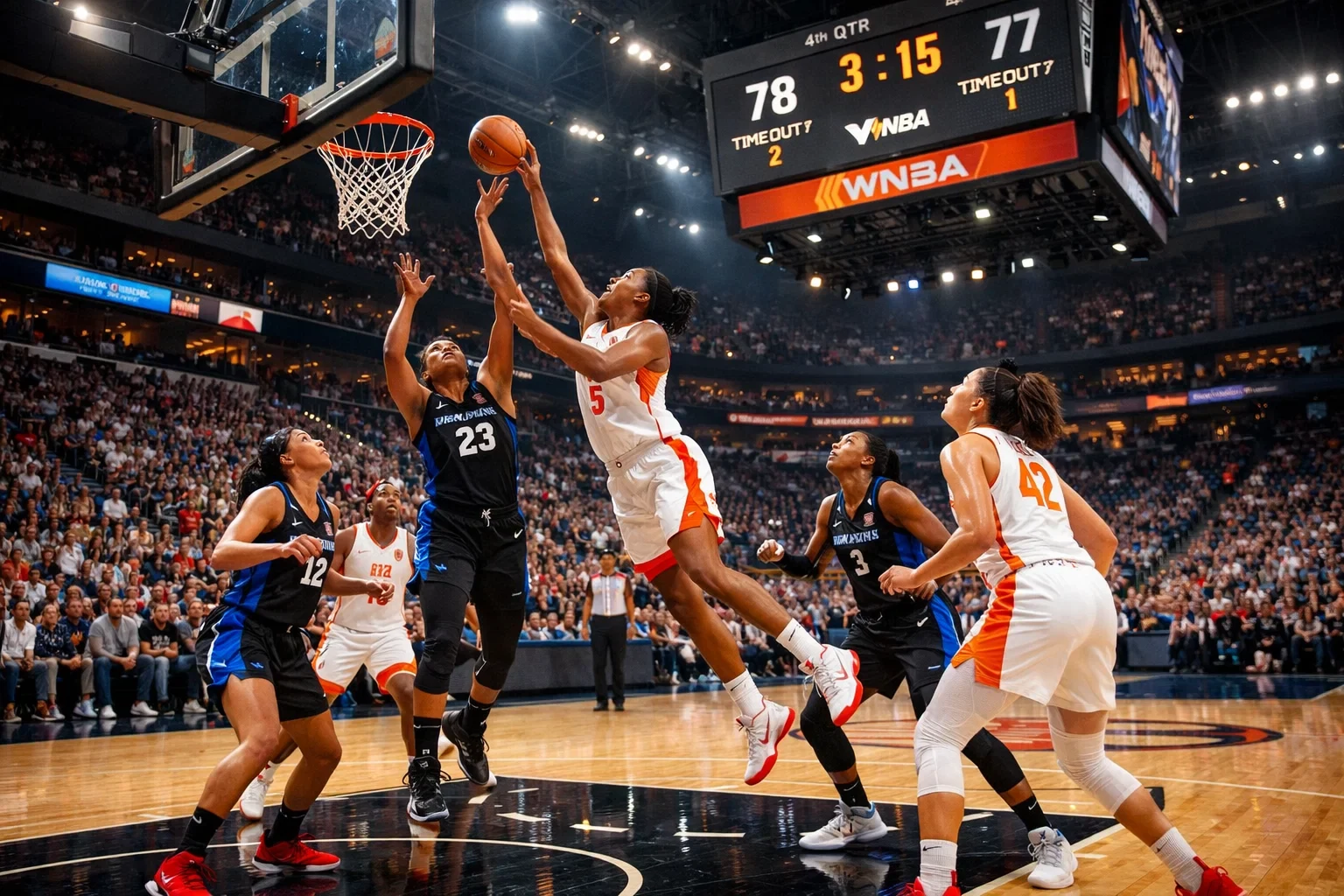 Basketball game in progress with scoreboard visible showing competitive score