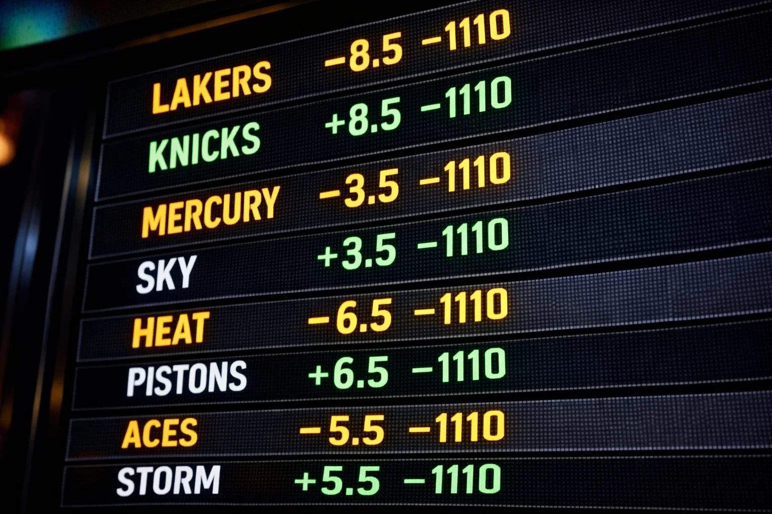 Sportsbook display board showing point spreads for multiple basketball games