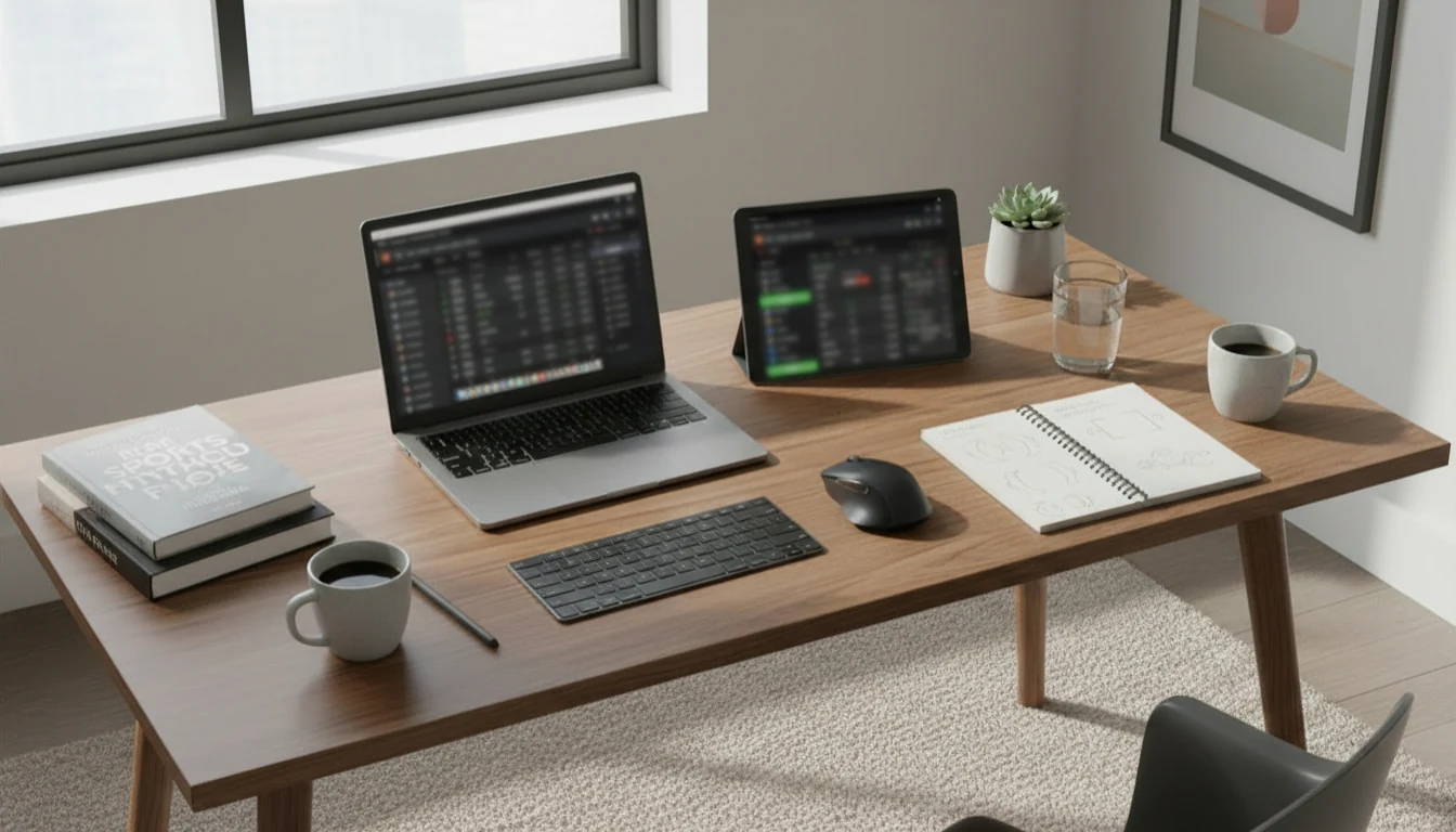 Desk setup with laptop and tablet showing multiple sports betting applications open simultaneously
