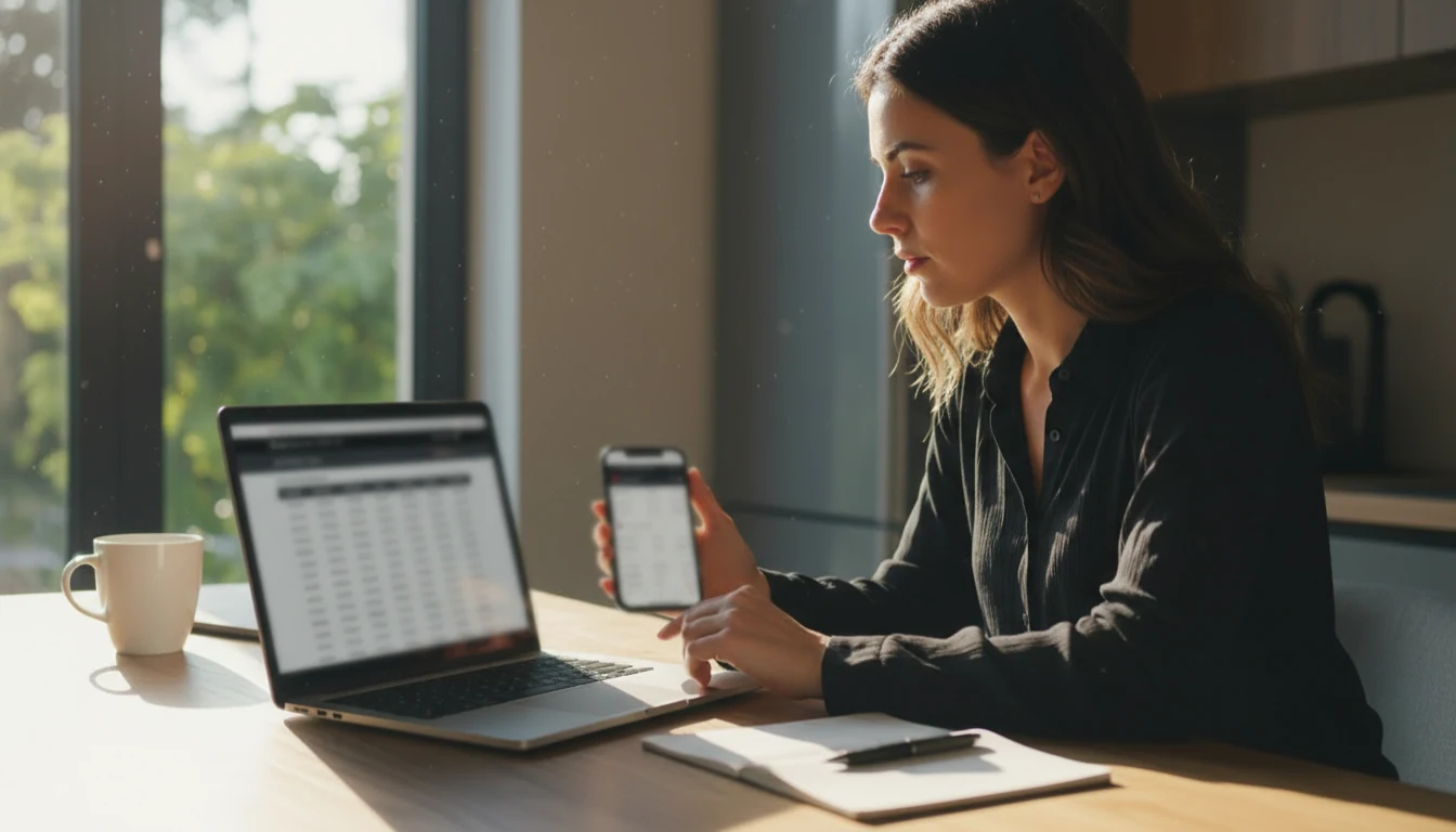 Woman comparing odds on multiple sportsbook apps on her phone and laptop
