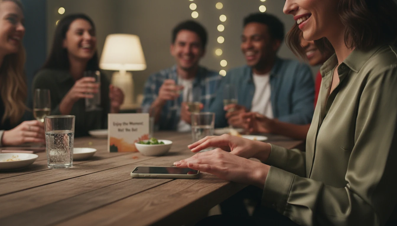 Woman making a responsible decision to put her phone away during social time