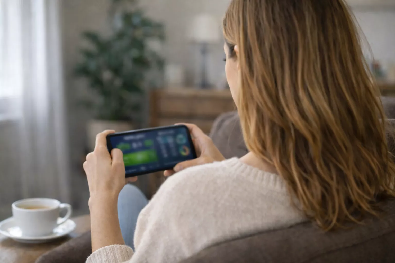 Woman thoughtfully reviewing her betting decisions on her phone