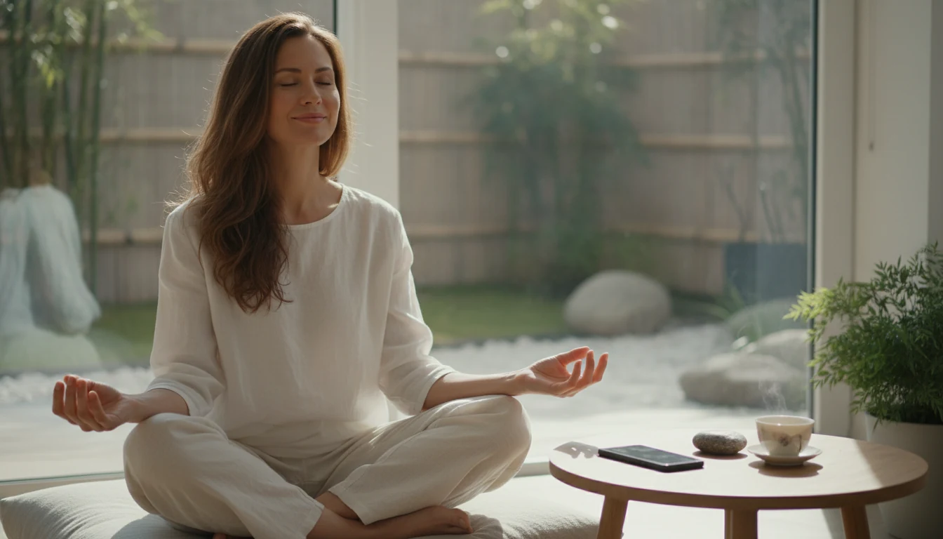 Woman in a calm, meditative pose taking a mindful break from betting