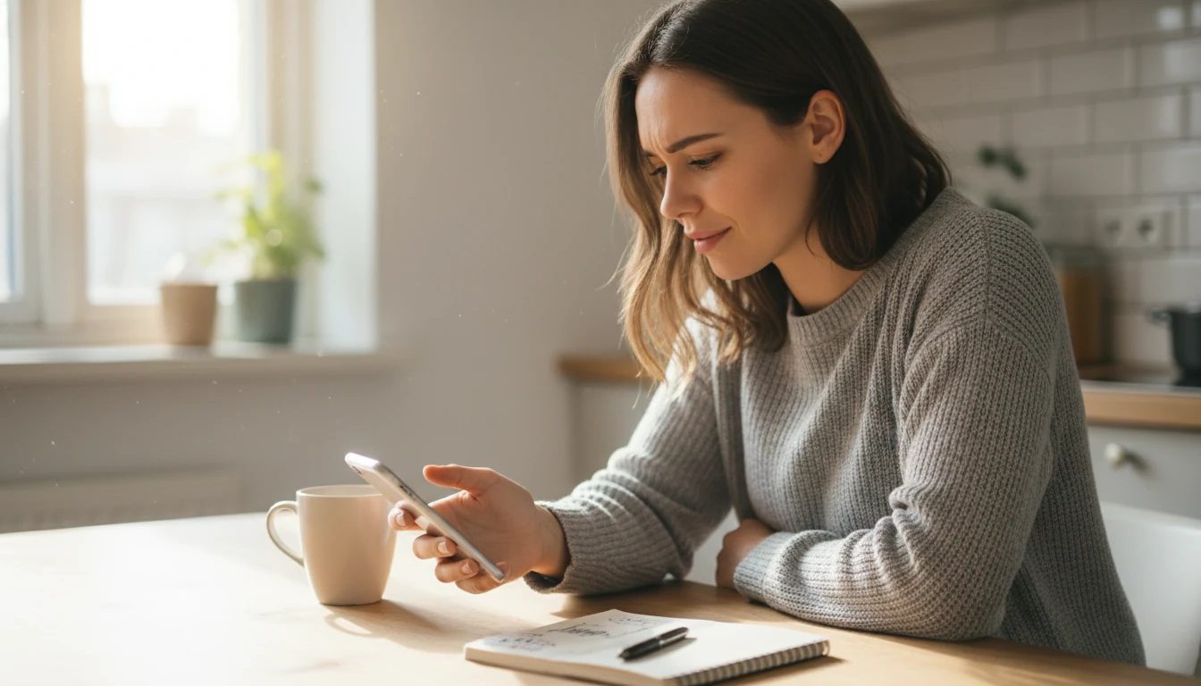 Woman pausing thoughtfully before placing a bet, showing self-awareness