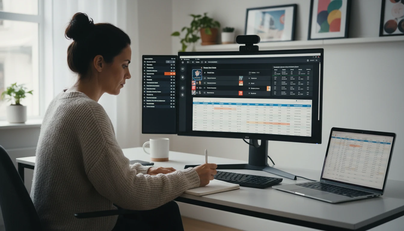 Woman researching sports statistics on multiple screens at her desk