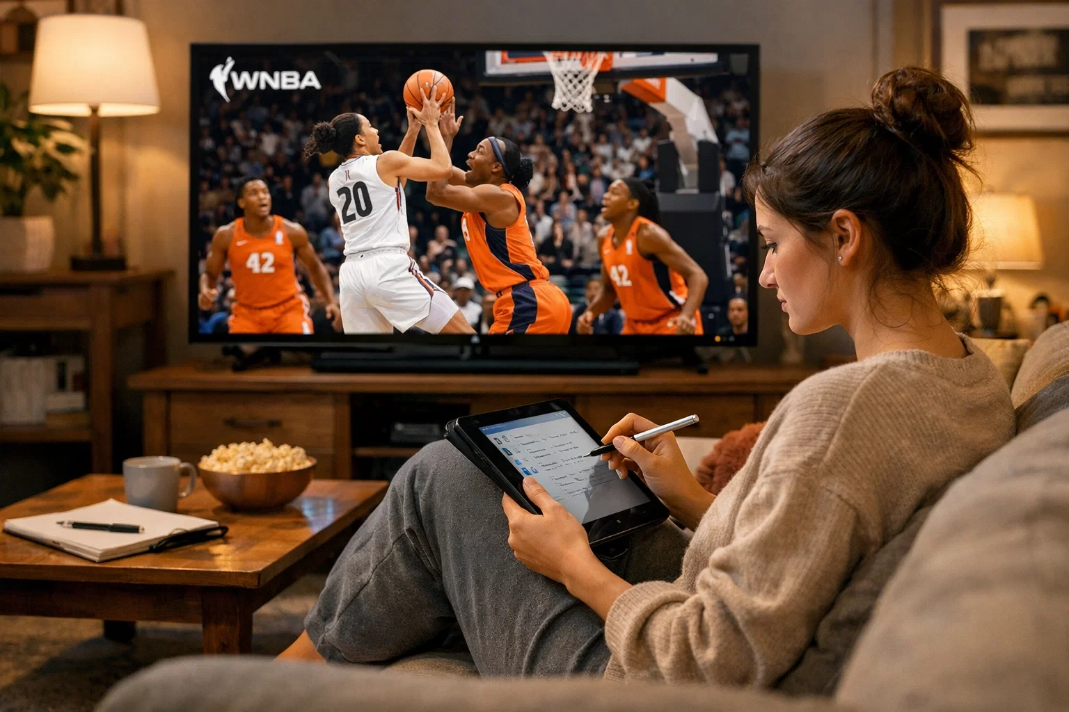Woman watching a WNBA game on TV while taking notes on her tablet