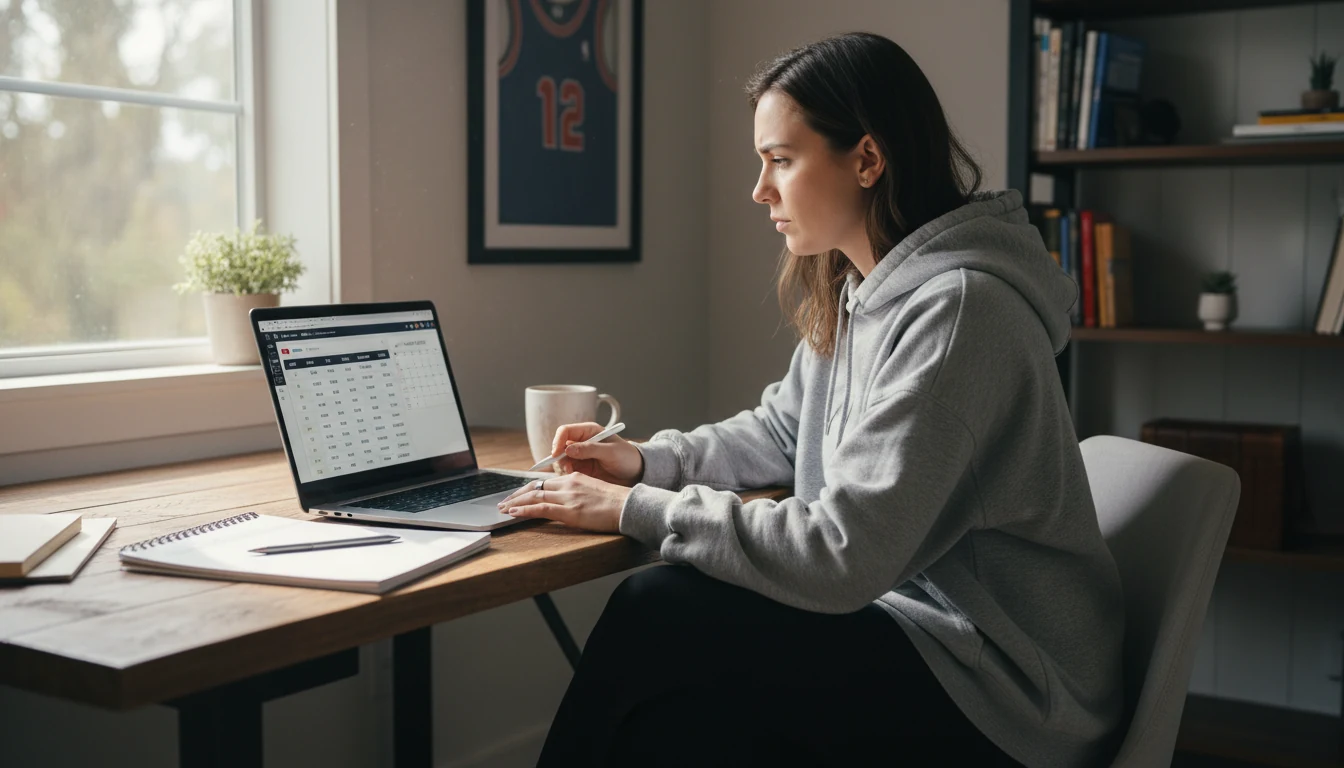 Woman researching a specific sports league on her laptop with focused attention
