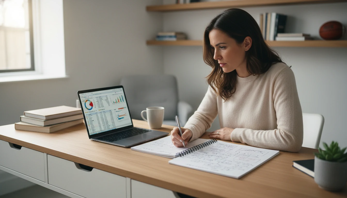 Woman creating a sports betting strategy plan with notebook and laptop