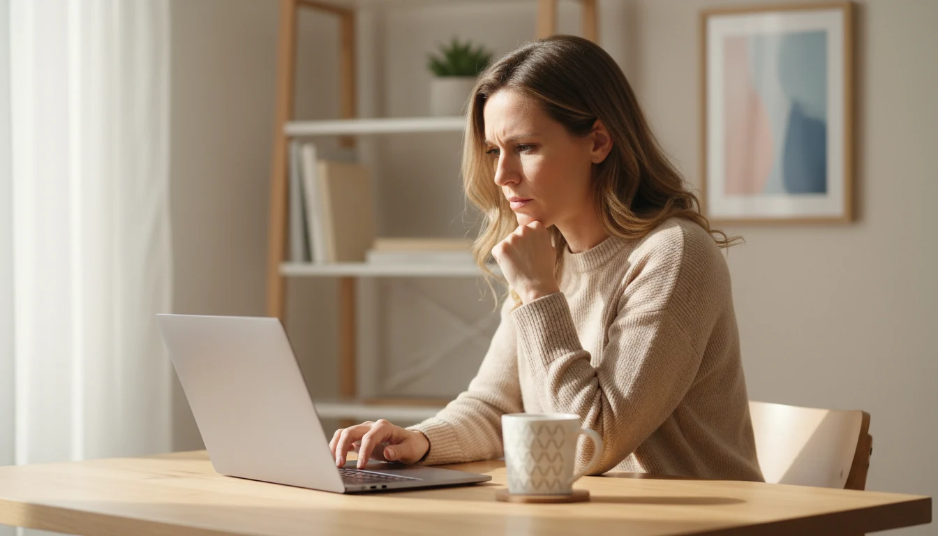 Woman reading terms and conditions on laptop with thoughtful expression