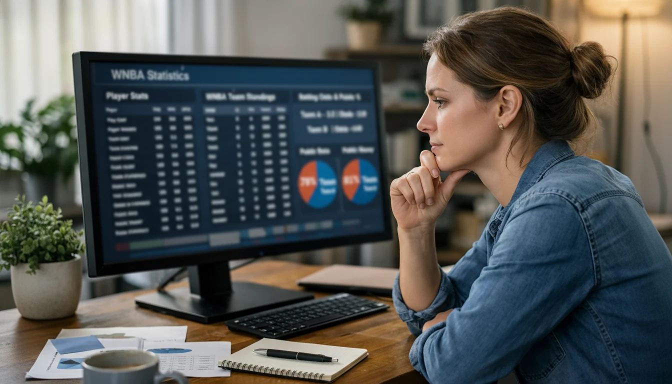Woman analyzing WNBA statistics and betting data on her computer