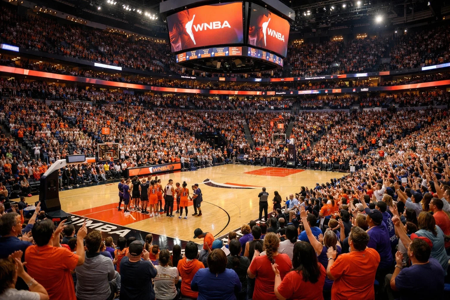 Packed WNBA arena with enthusiastic fans watching a basketball game