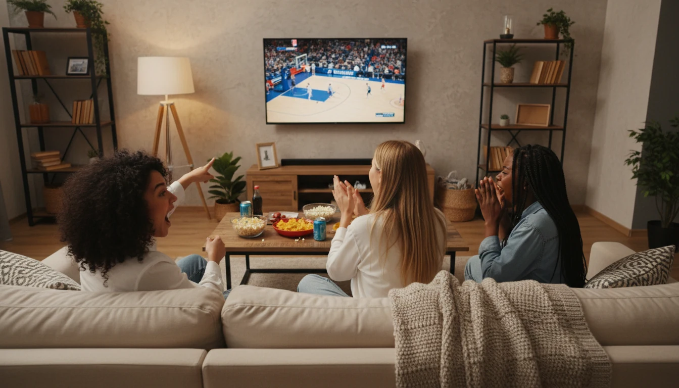 Group of women friends watching sports together on TV in a living room