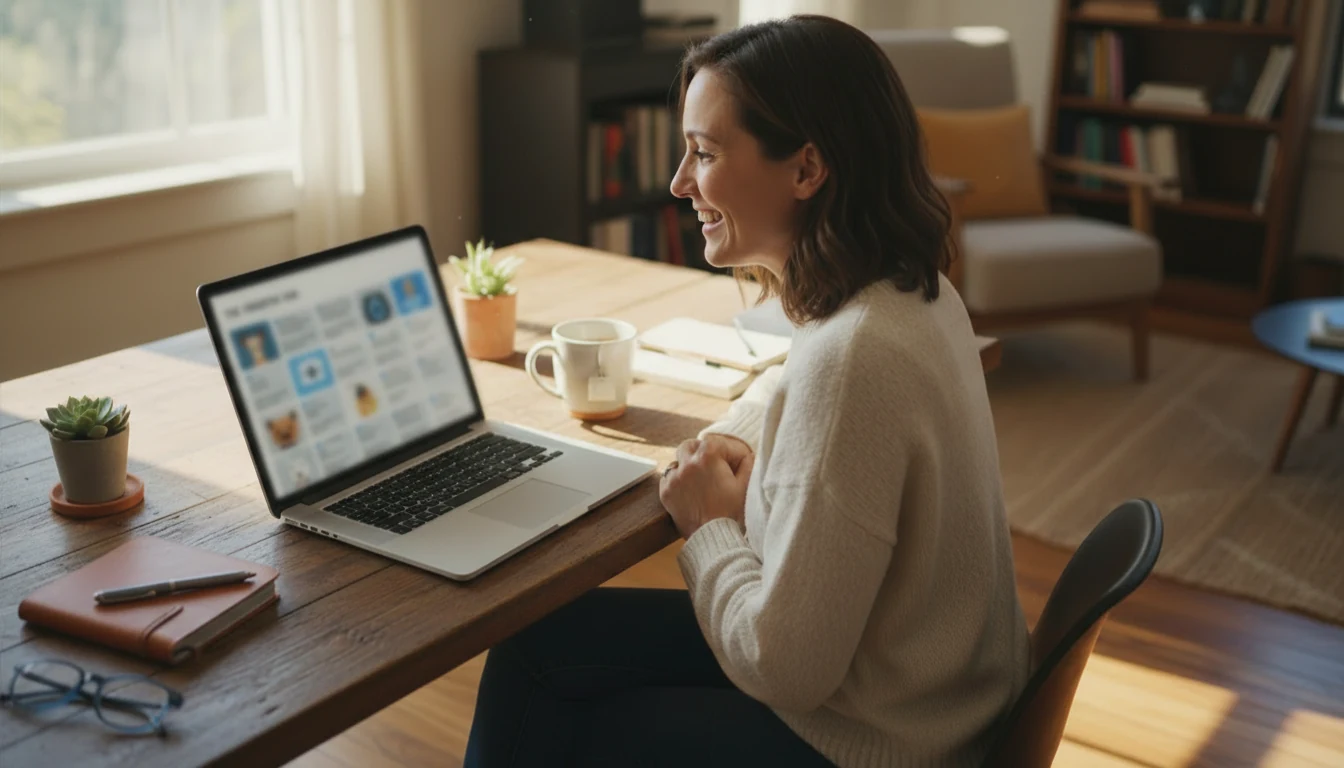 Woman at laptop participating in an online community discussion forum