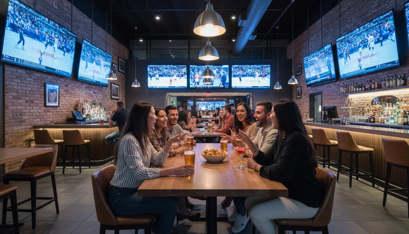 Diverse group of friends watching a basketball game together at a sports bar