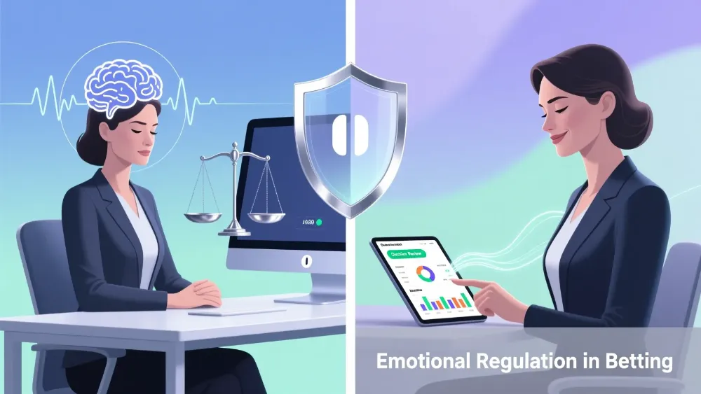 Conceptual illustration of a woman demonstrating emotional control and balanced decision-making in sports betting with calming visual metaphors