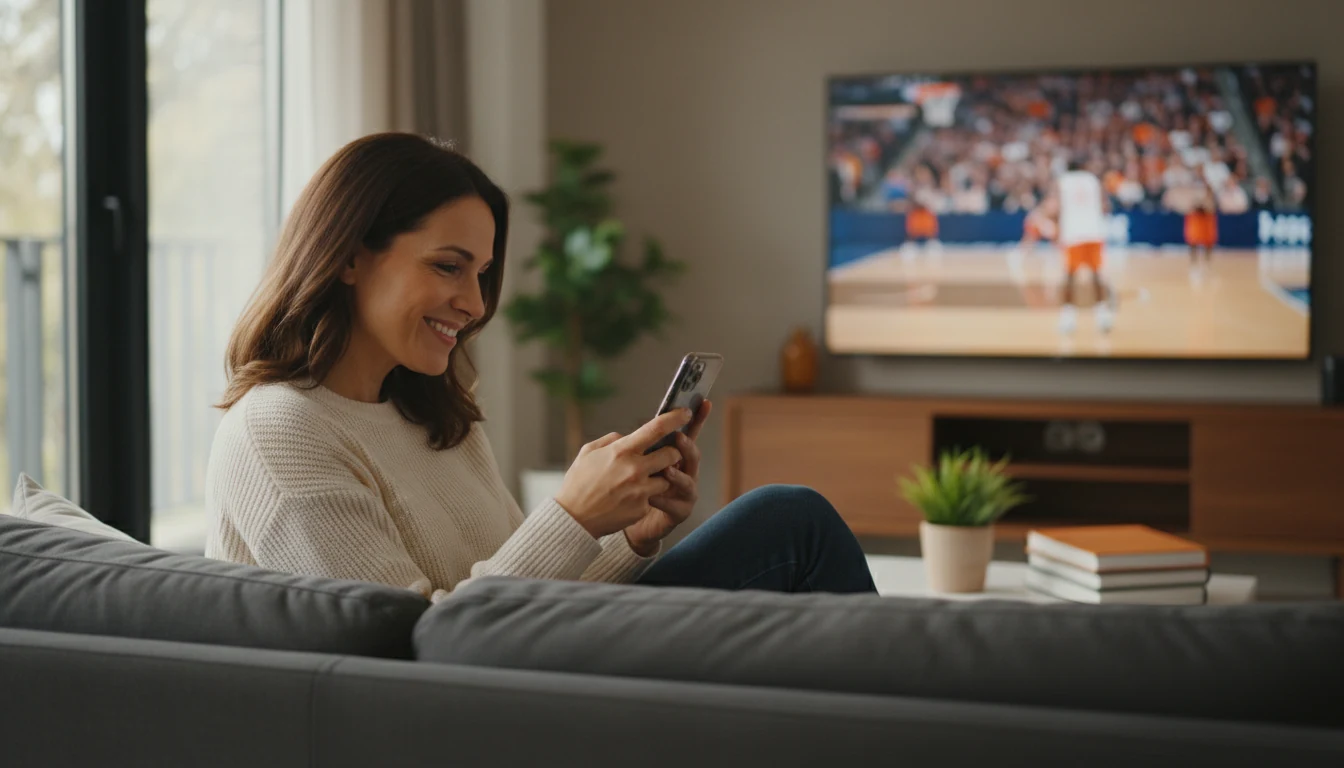 Woman using sports betting app on smartphone with sports stadium in the background
