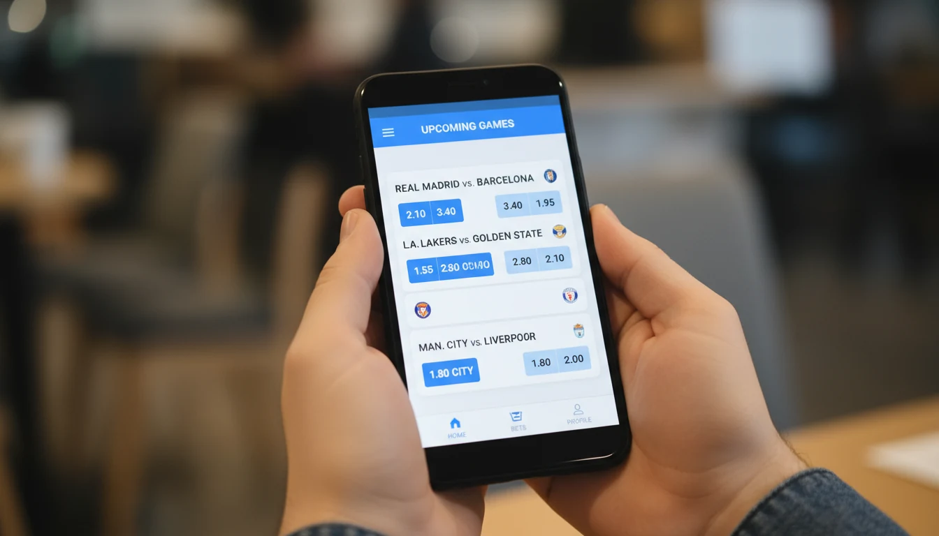Smartphone screen showing clean sports betting app interface with game listings and odds