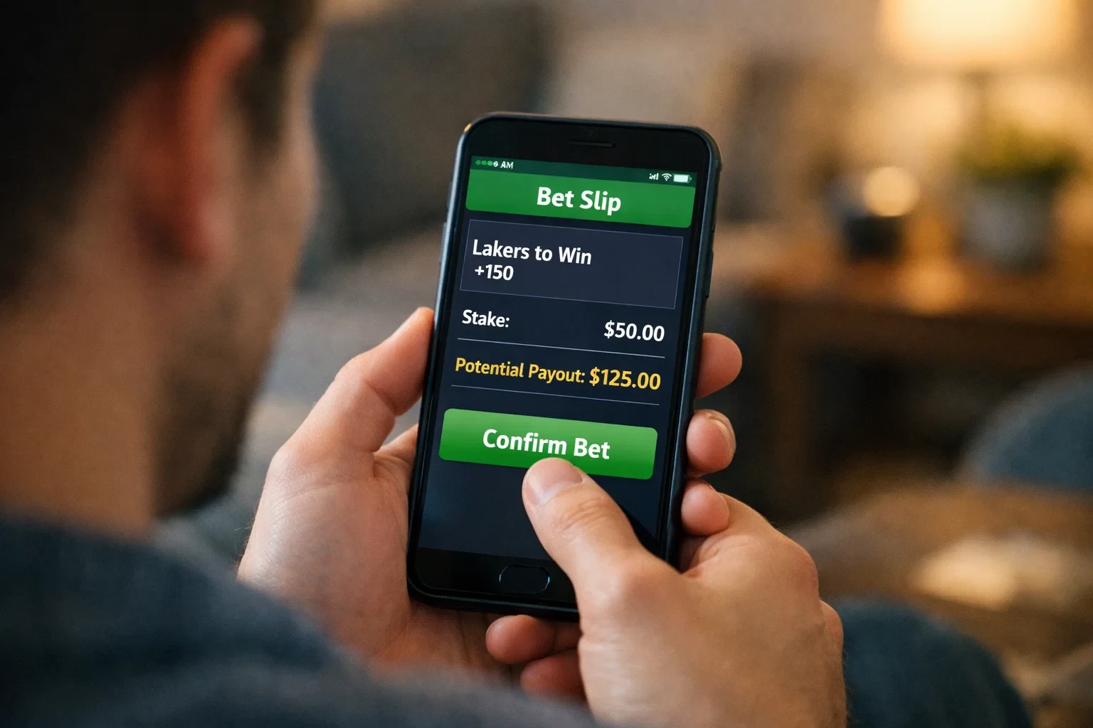 Person reviewing a bet slip on their phone before confirming a wager