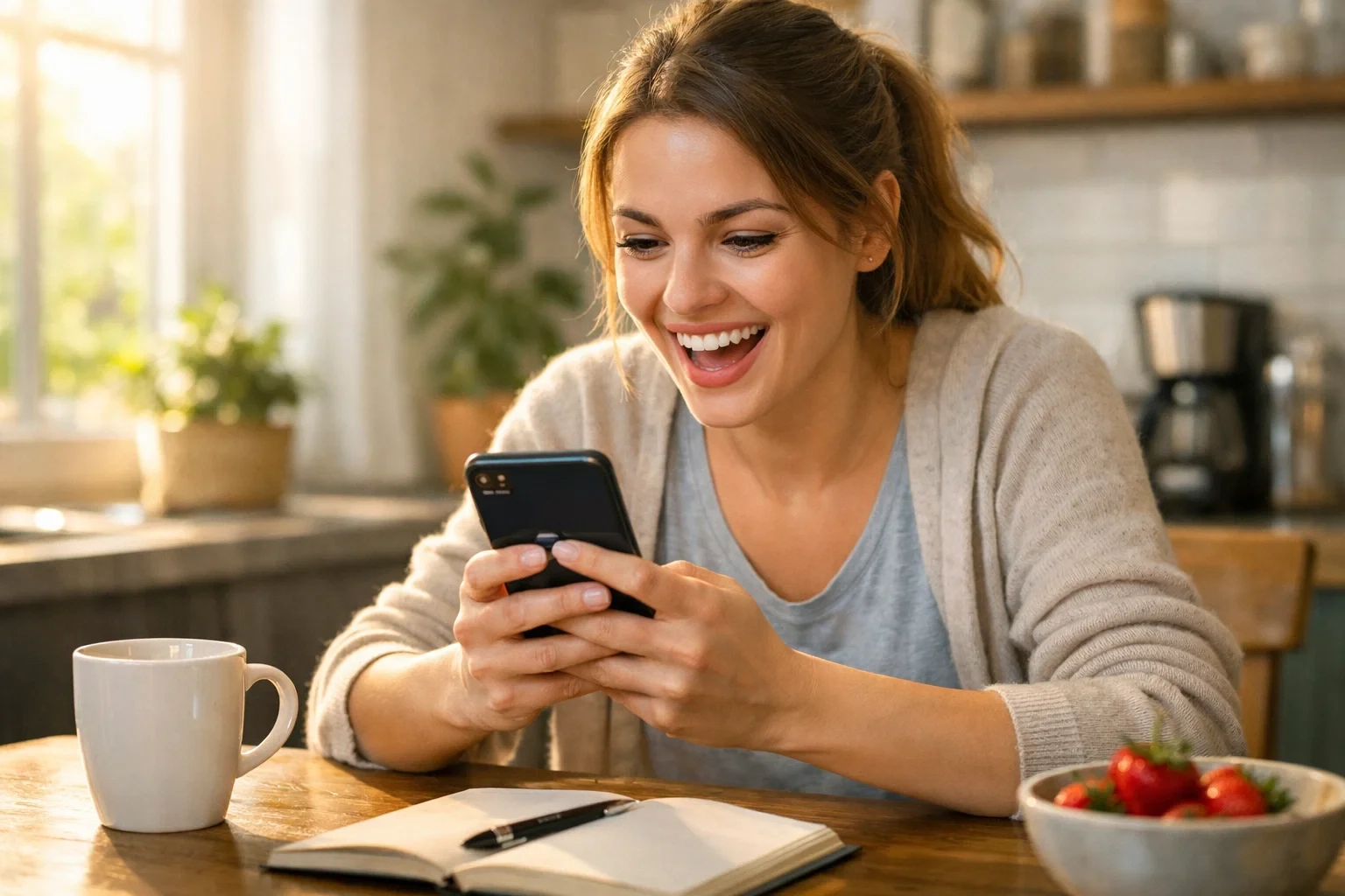 Woman smiling while placing her first sports bet on a smartphone app