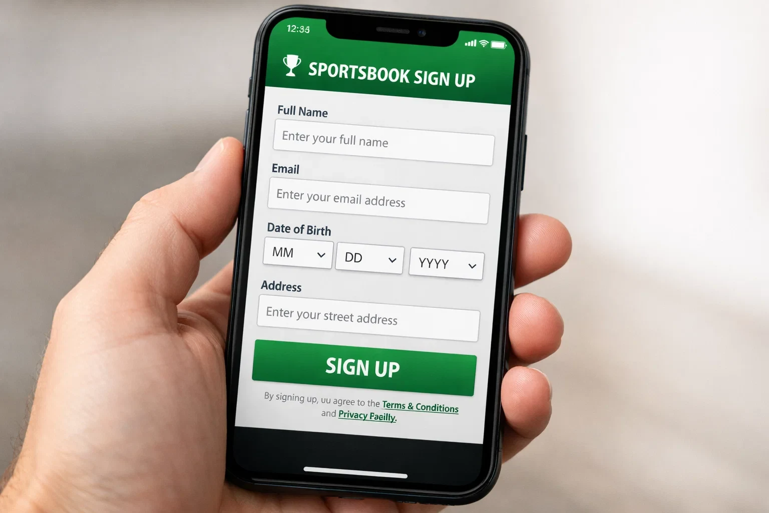 Smartphone screen showing a sportsbook registration form with personal information fields