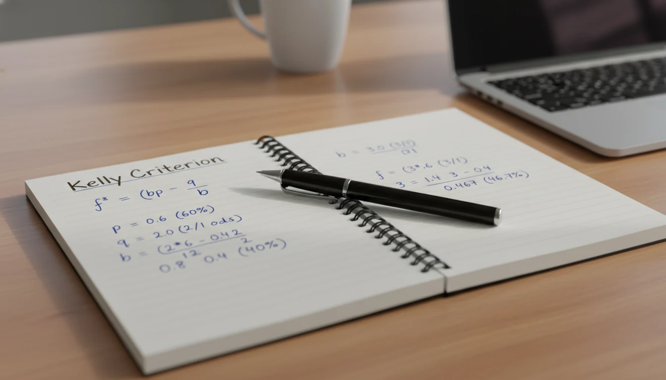 Notebook showing Kelly Criterion formula with example calculations