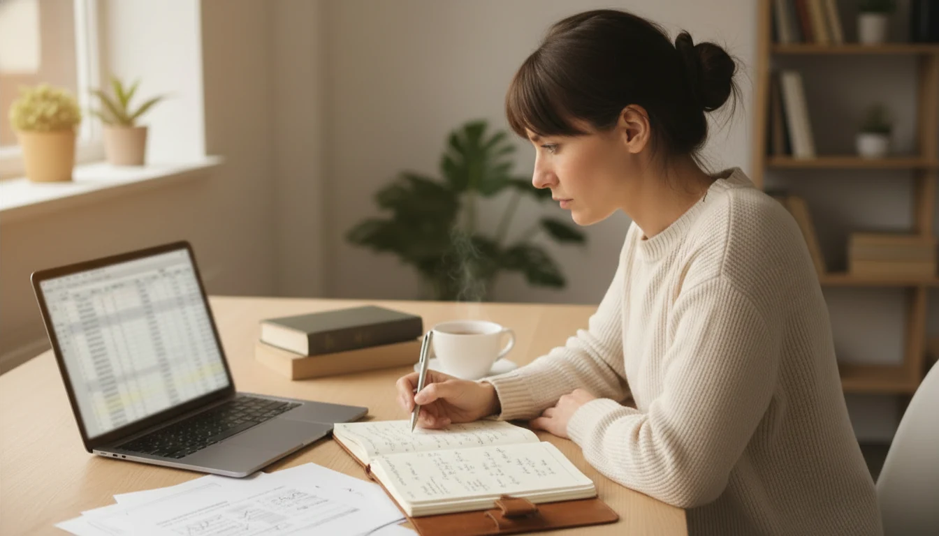 Woman studying advanced betting strategy concepts with notebook and laptop