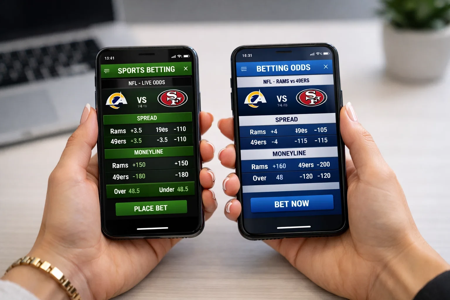 Person with multiple smartphones comparing different sports betting apps side by side
