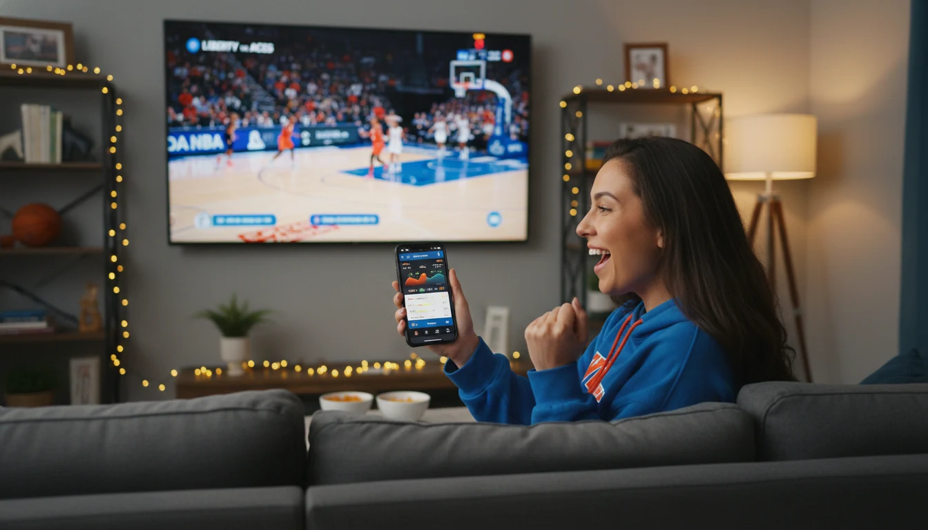 Excited fan watching a live basketball game while checking betting odds on smartphone
