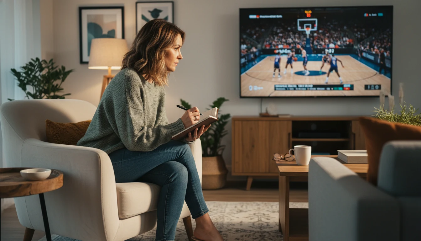 Woman taking notes while watching a basketball game on TV, planning her betting strategy