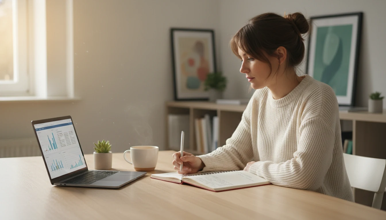 Woman calmly planning her betting approach with notebook and laptop