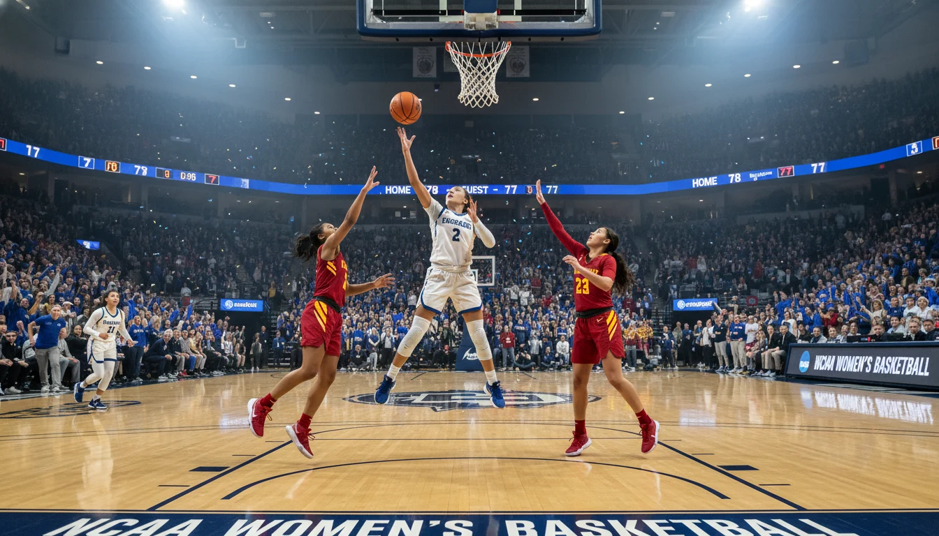 Exciting women's college basketball game with players competing in a packed arena