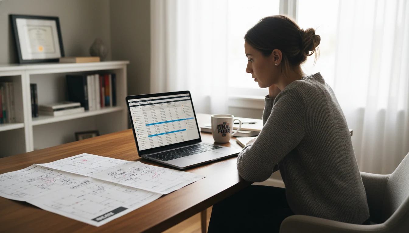Woman analyzing college basketball statistics and bracket predictions on laptop