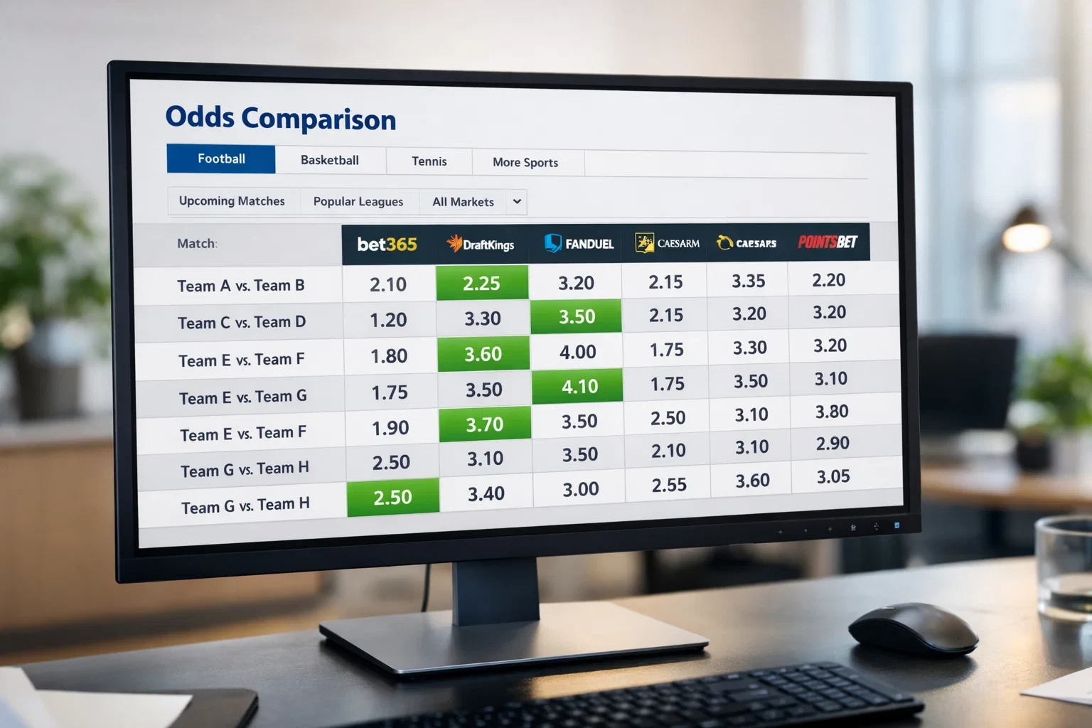 Side-by-side comparison of different betting odds on a computer screen showing price variations