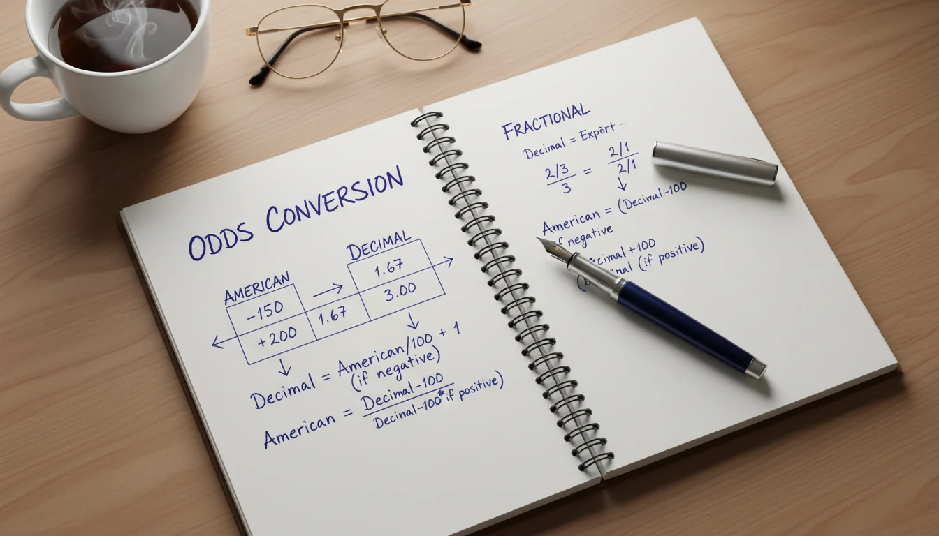 Notebook showing odds conversion formulas between American, decimal, and fractional formats