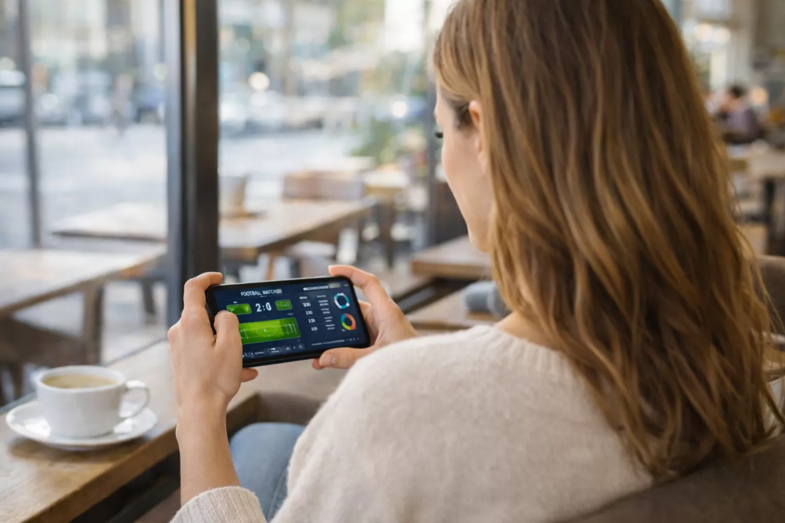 Woman confidently analyzing sports betting odds on her phone screen
