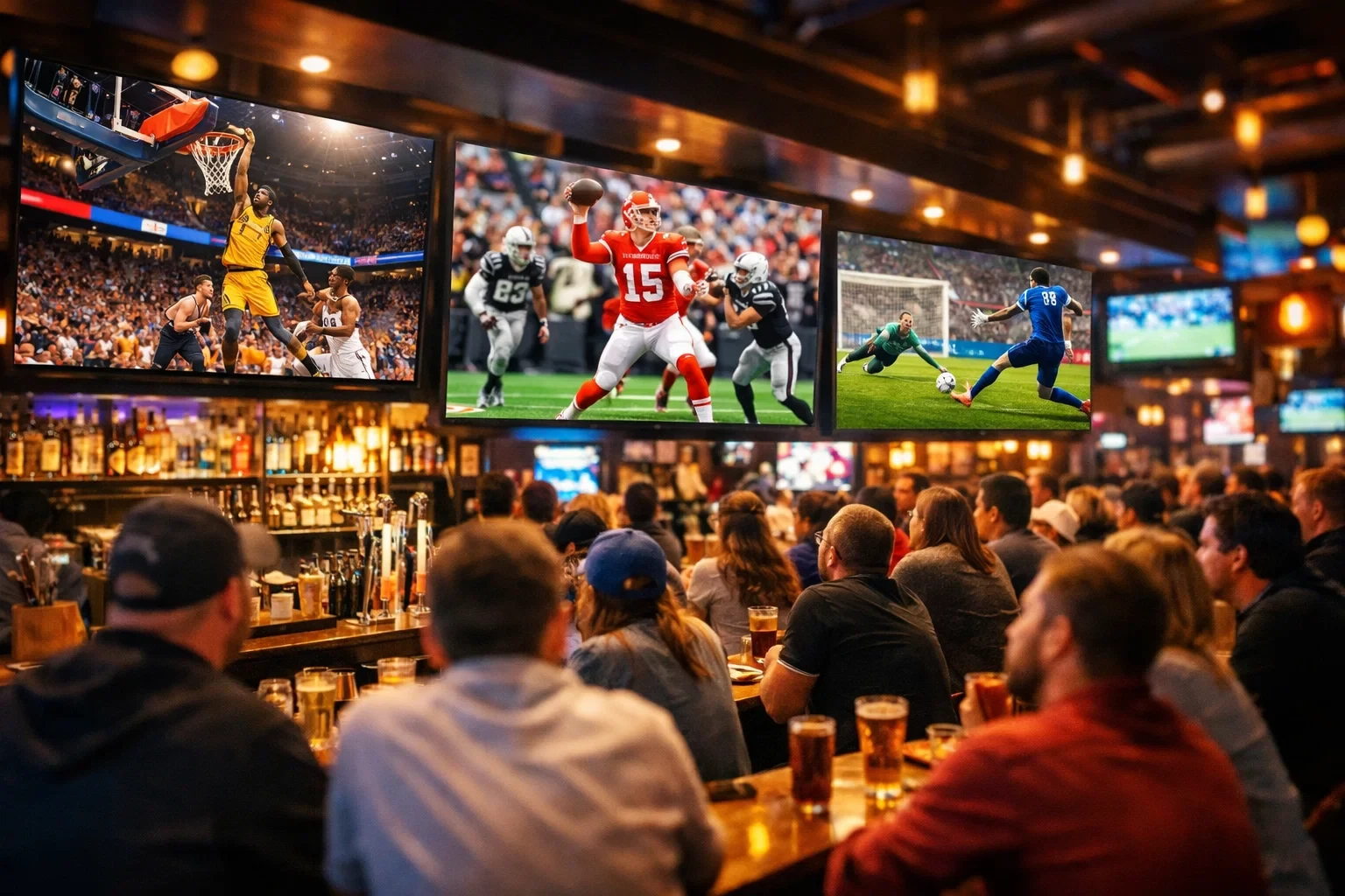 Multiple sports screens showing different games simultaneously in a sports bar setting