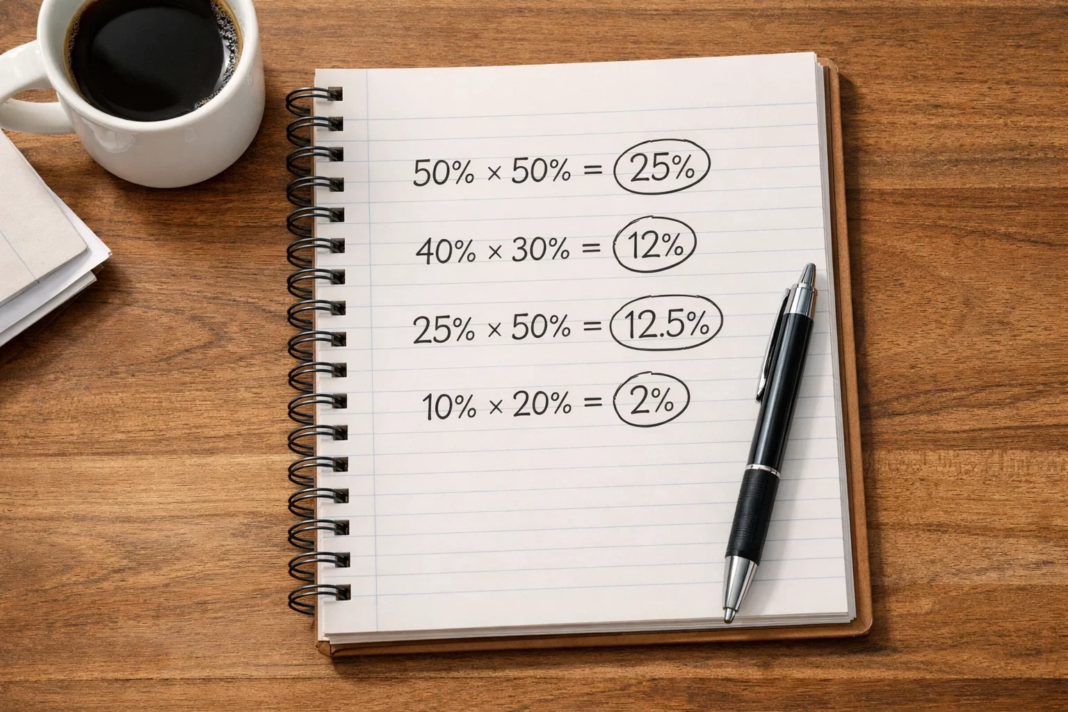 Notebook with probability calculations and percentages written out