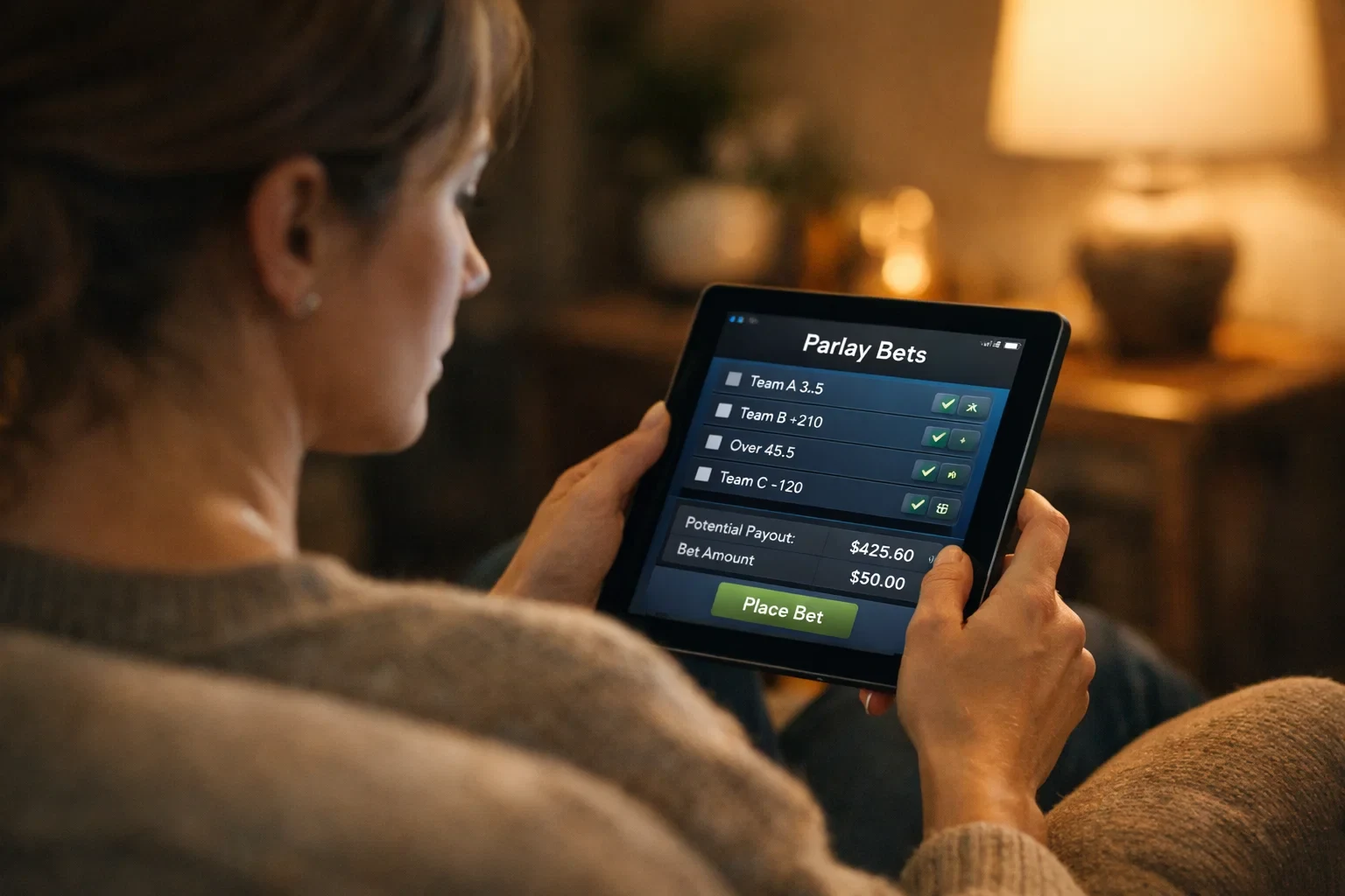 Woman thoughtfully reviewing multiple betting options on her tablet device