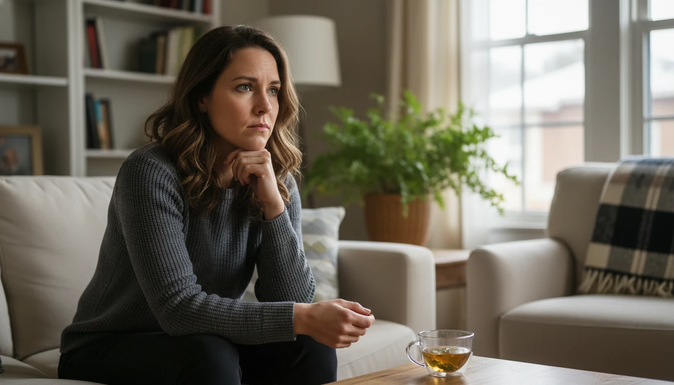 Woman looking concerned while reflecting on her betting habits