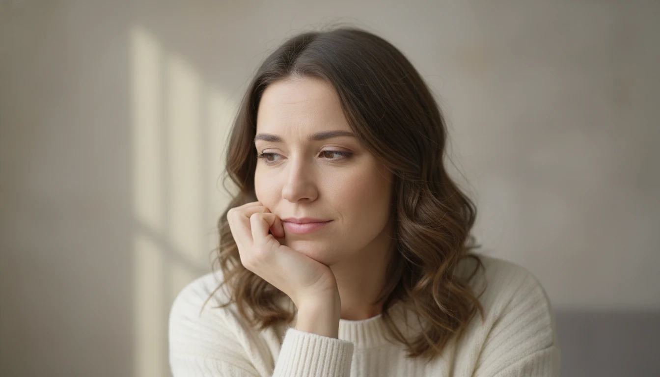 Woman pausing thoughtfully, recognizing the need for self-reflection