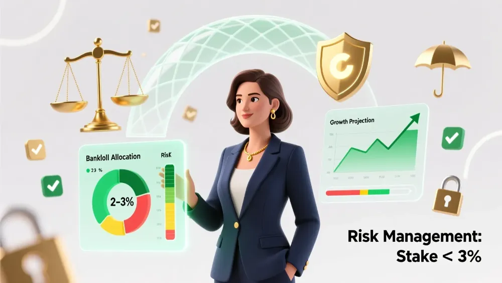 Conceptual visualization of balanced risk management in sports betting showing calculated approach, safe stake percentages, and strategic bankroll allocation