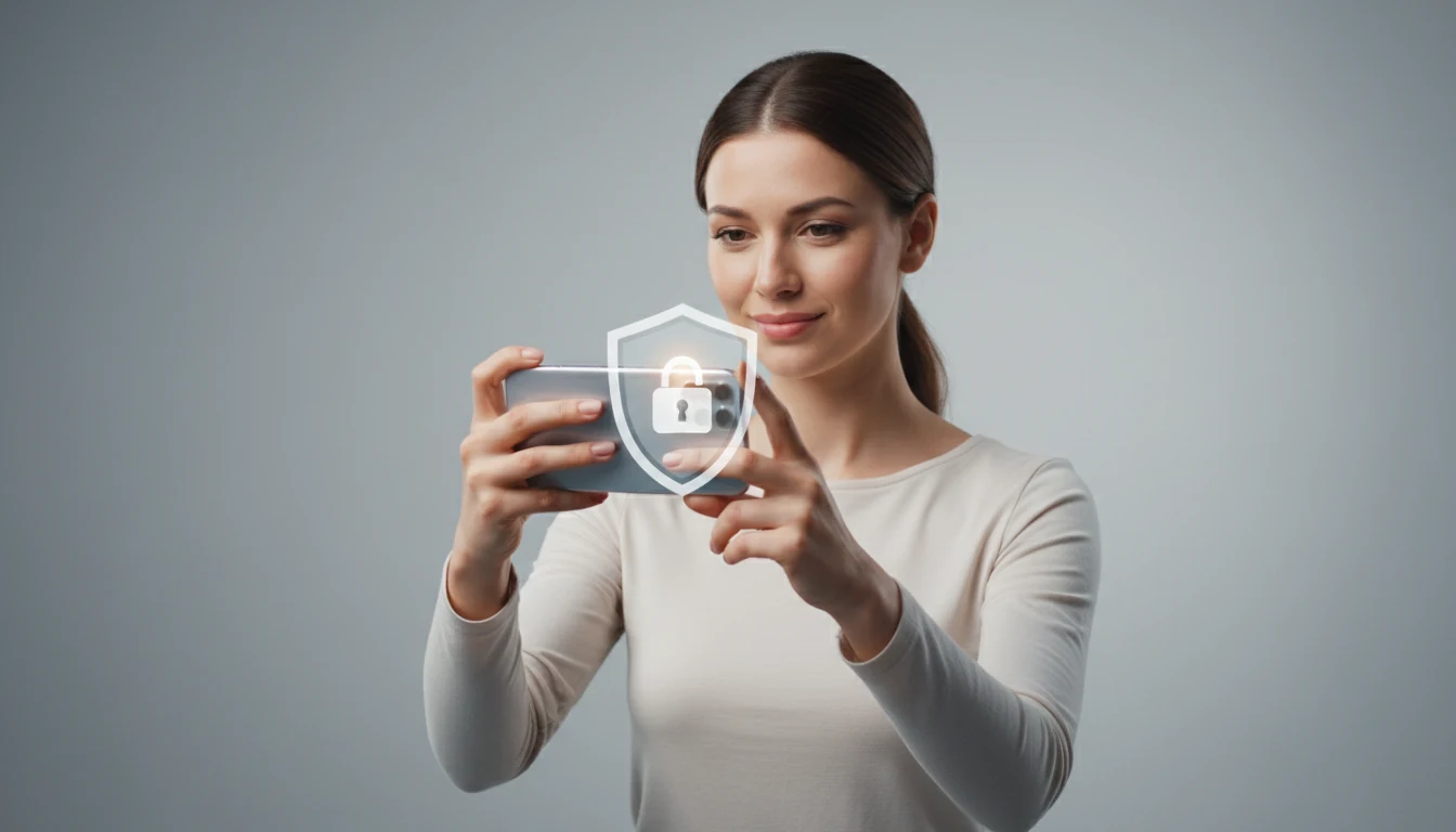 Woman holding smartphone with a lock icon overlay representing digital security