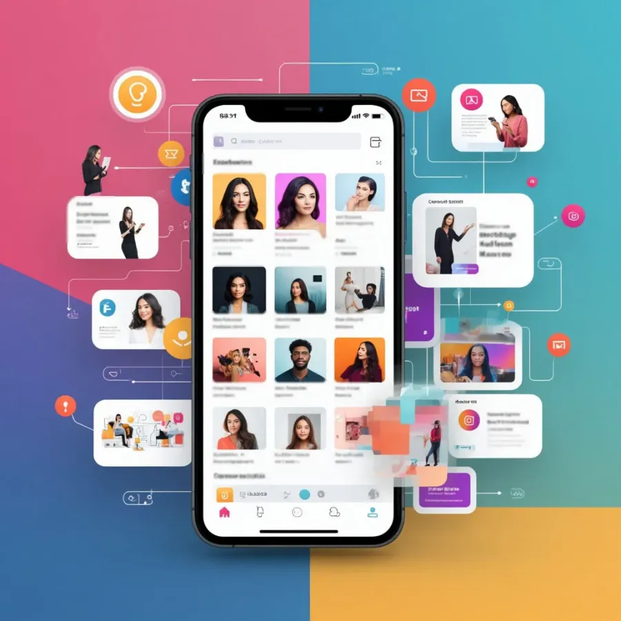 Dynamic social media ecosystem showing female betting community across Instagram, Twitter, TikTok with content posts, engagement and network connections