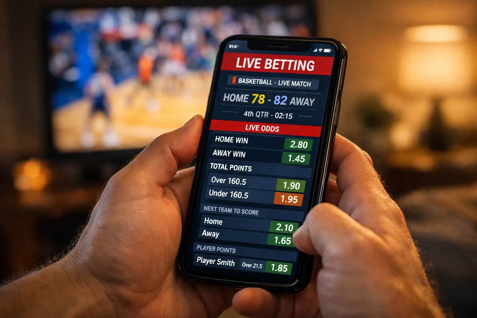 Close-up of hands holding a phone showing live betting interface during a basketball game