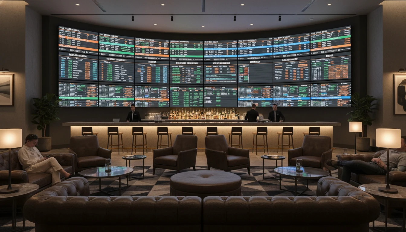 Modern sportsbook interior with betting boards and comfortable seating
