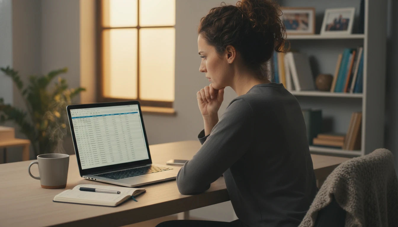 Woman reviewing her betting records and analyzing results on laptop